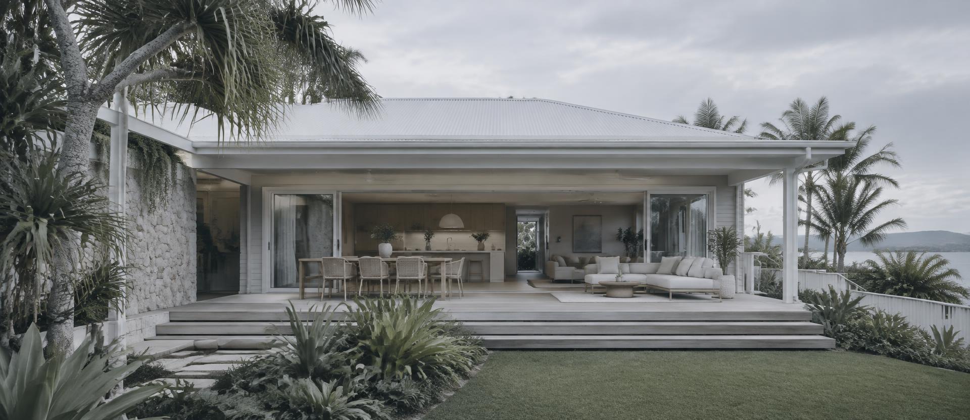 Rear facade of a renovated coastal Queensland home opening onto a deck