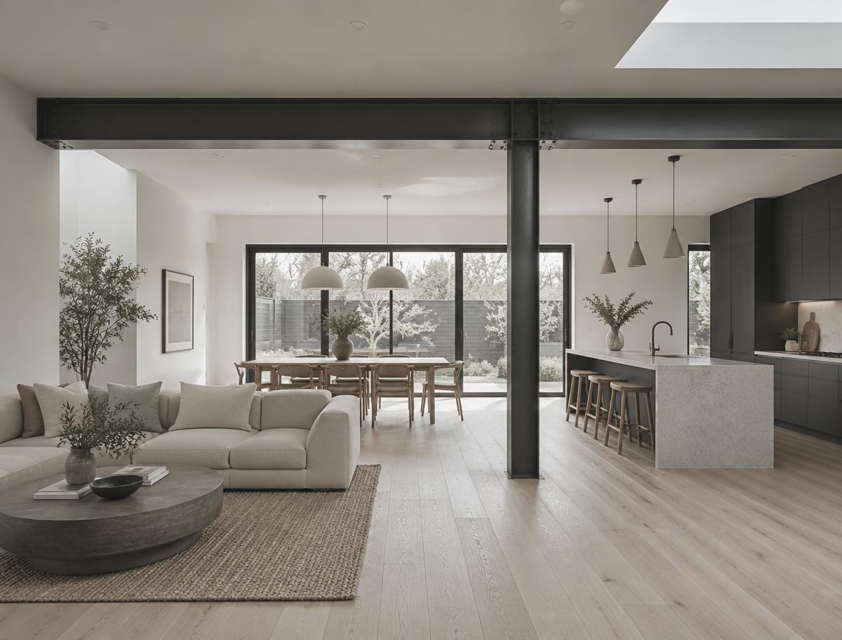 Open-plan living area created by a structural home renovation on the Gold Coast
